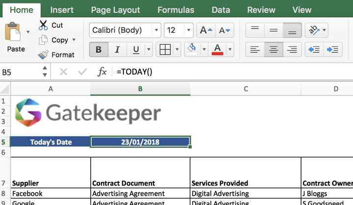 Managing Contracts with Excel - Today Formula