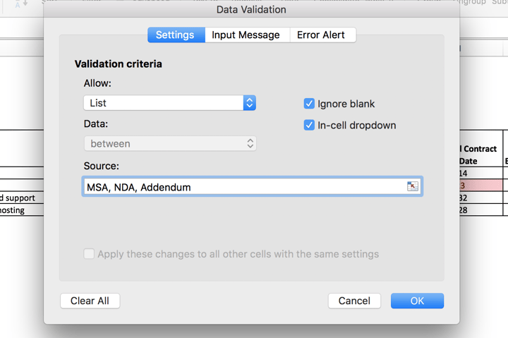 Managing Contracts with Excel - Data Validation