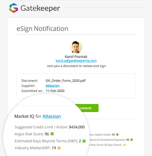 A Gatekeeper dashboard demonstrating MarketIQ information, including credit limit and risk scores 