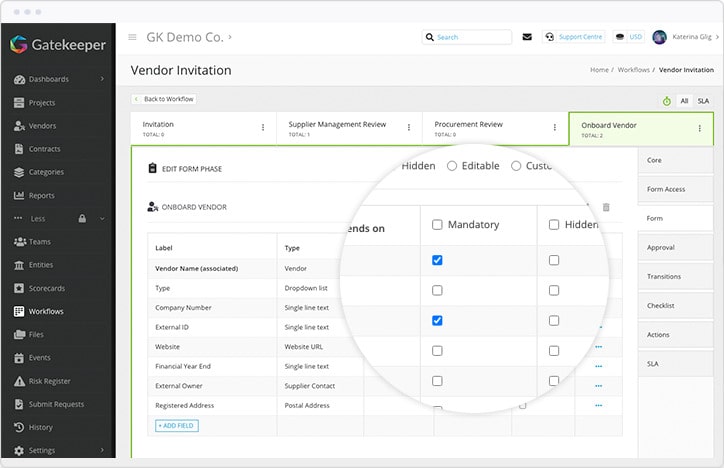 A Gatekeeper product screenshot demonstrating how mandatory data can be requested from vendors