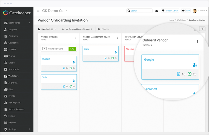 Vendor Onboarding view within the Kanban Workflow Engine from Gatekeeper