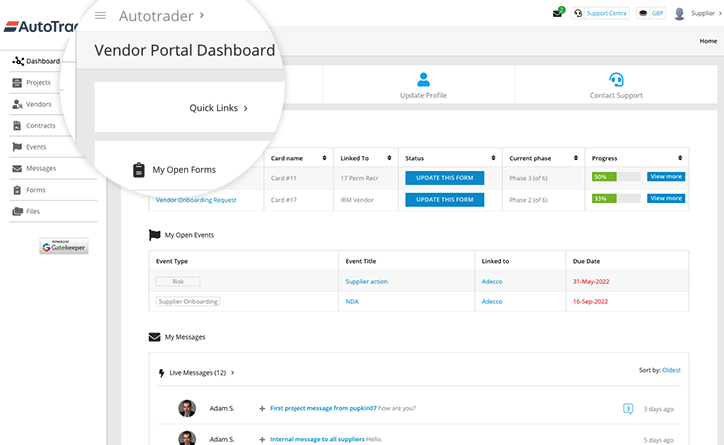 Vendor Portal dashboard from Gatekeeper